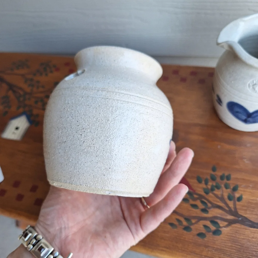 Vintage salt glazed Pinewood Valley stoneware creamer and sugar bowl blue hearts